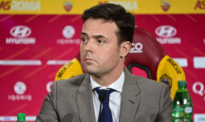 Roma executive Tiago Pinto speaking to the media