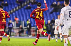 Marash Kumbulla of AS Roma celebrates after scoring