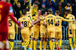 Bodo/Glimt celebrates scoring against AS Roma