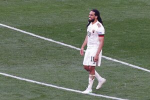 Belgium's defender Jason Denayer reacts after conceding a goal during the UEFA EURO 2020 Group B football match between Denmark and Belgium at the Parken Stadium in Copenhagen on June 17, 2021. (Photo by HANNAH MCKAY / POOL / AFP) (Photo by HANNAH MCKAY/POOL/AFP via Getty Images)