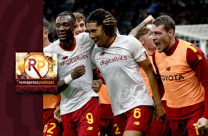 Roma celebrate after scoring a goal at the San Siro in their Serie A match against Inter.