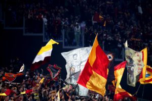 ROME, ITALY - NOVEMBER 03: A general view of AS Roma flags prior to kick off of the UEFA Europa League group C match between AS Roma and PFC Ludogorets Razgrad at Stadio Olimpico on November 03, 2022 in Rome, Italy. (Photo by Paolo Bruno/Getty Images)
