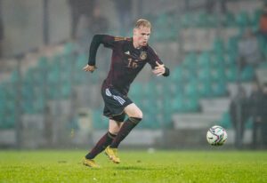 CHOMUTOV, CZECH REPUBLIC - NOVEMBER 16: Tim Breithaupt of Germany in acion during the international friendly match between Czech Republic U20 and Germany U20 on November 16, 2022 in Chomutov, Czech Republic. (Photo by Thomas Eisenhuth/Getty Images for DFB)