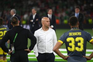 Feyenoord's Dutch coach Arne Slot looks on after the UEFA Europa Conference League final football match between AS Roma and Feyenoord at the Air Albania Stadium in Tirana on May 25, 2022. (Photo by OZAN KOSE / AFP) (Photo by OZAN KOSE/AFP via Getty Images)