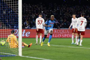 NAPLES, ITALY - JANUARY 29: Victor Osimhen of SSC Napoli celebrates after scoring the 1-0 goal during the Serie A match between SSC Napoli and AS Roma at Stadio Diego Armando Maradona on January 29, 2023 in Naples, Italy. (Photo by Francesco Pecoraro/Getty Images)
