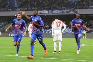 NAPLES, ITALY - JANUARY 17: Felix Afena-Gyan of US Cremonese celebrates after scoring the 2-2 goal during the Coppa Italia match between SSC Napoli and US Cremonese at Stadio Diego Armando Maradona on January 17, 2023 in Naples, Italy. (Photo by Francesco Pecoraro/Getty Images)