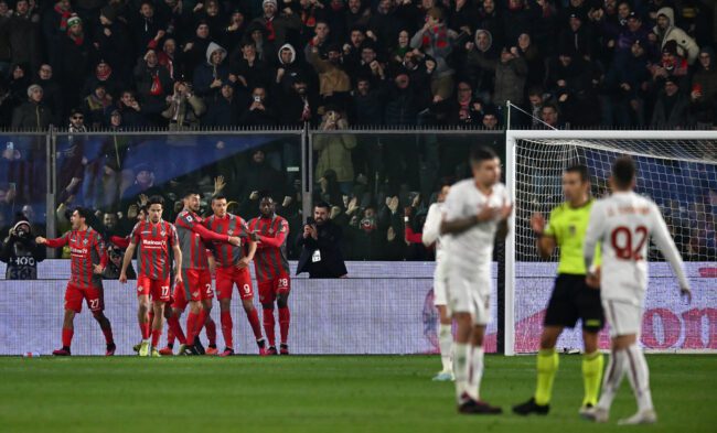 Cremonese's Daniel Ciofani celebrates winning goal in win over Roma