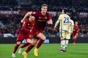 AS Roma's Norwegian forward Ola Solbakken celebrates after opening the scoring during the Italian Serie A football match between AS Roma and Hellas Verona, on February 19, 2023 at the Olympic stadium in Rome. (Photo by Tiziana FABI / AFP) (Photo by TIZIANA FABI/AFP via Getty Images)