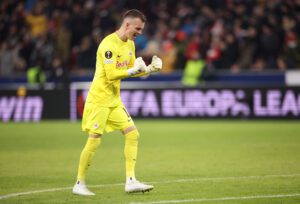 SALZBURG, AUSTRIA - FEBRUARY 16: Philipp Koehn of FC Salzburg celebrates after their sides first goal during the UEFA Europa League knockout round play-off leg one match between FC Salzburg and AS Roma at Football Arena Salzburg on February 16, 2023 in Salzburg, Austria. (Photo by Adam Pretty/Getty Images)