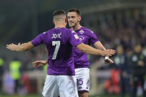FLORENCE, ITALY - FEBRUARY 01: Luka Jovic of ACF Fiorentina and Aleksa Terzic celebrates after scoring a goal during the Coppa Italia Quarter Final matcy between Fiorentina and Torino at Stadio Artemio Franchi on February 1, 2023 in Florence, Italy. (Photo by Gabriele Maltinti/Getty Images)