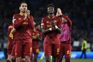 Roma's English forward Tammy Abraham (R) and Roma's English defender Chris Smalling (L) applaud at the end of the UEFA Europa League last 16 second leg football match between Real Sociedad and AS Roma at the Reale Arena stadium in San Sebastian on March 16, 2023. (Photo by ANDER GILLENEA / AFP) (Photo by ANDER GILLENEA/AFP via Getty Images)