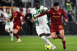 AS Roma's Argentinian forward Paulo Dybala (R) challenges Sassuolo's Equatorial Guinea's midfielder Pedro Obiang during the Italian Serie A football match between AS Rome and Sassuolo on March 12, 2023 at the Olympic stadium in Rome. (Photo by Tiziana FABI / AFP) (Photo by TIZIANA FABI/AFP via Getty Images)