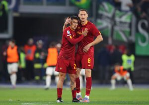 ROME, ITALY - MARCH 12: Paulo Dybala and Nemanja Matic of AS Roma interact during the Serie A match between AS Roma and US Sassuolo at Stadio Olimpico on March 12, 2023 in Rome, Italy. (Photo by Paolo Bruno/Getty Images)