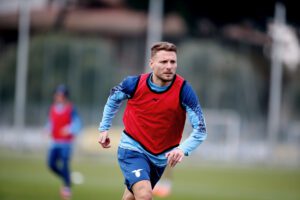 ROME, ITALY - FEBRUARY 22: Ciro Immobile of SS Lazio in action during the training ahead of their UEFA Europa Conference League knockout round play-off leg one match against CFR Cluj at on February 22, 2023 in Rome, Italy. (Photo by Paolo Bruno/Getty Images)