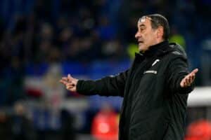 ROME, ITALY - FEBRUARY 27: SS Lazio head coach Maurizio Sarri reacts during the Serie A match between SS Lazio and UC Sampdoria at Stadio Olimpico on February 27, 2023 in Rome, Italy. (Photo by Marco Rosi - SS Lazio/Getty Images)