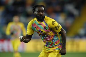UDINE, ITALY - FEBRUARY 26: M'Bala Nzola of Spezia Calcio during the Serie A match between Udinese Calcio and Spezia Calcio at the Dacia Arena on February 26, 2023 in Udine, Italy. (Photo by Timothy Rogers/Getty Images)