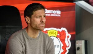 Leverkusen's Spanish head coach Xabi Alonso looks on prior during the German first division Bundesliga football match between Bayer Leverkusen and RB Leipzig in Leverkusen, western Germany on April 23, 2023. (Photo by SASCHA SCHUERMANN / AFP) / DFL REGULATIONS PROHIBIT ANY USE OF PHOTOGRAPHS AS IMAGE SEQUENCES AND/OR QUASI-VIDEO (Photo by SASCHA SCHUERMANN/AFP via Getty Images)