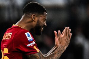 AS Roma's Dutch midfielder Georginio Wijnaldum reacts after missing a goal opportunity during the Italian Serie A football match between AS Rome and Sassuolo on March 12, 2023 at the Olympic stadium in Rome. (Photo by Tiziana FABI / AFP) (Photo by TIZIANA FABI/AFP via Getty Images)