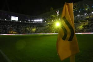 TURIN, ITALY - OCTOBER 02: A general view of the stadium showing a branded corner flag during the pre-match entertainment prior to the Serie A match between Juventus and Bologna FC at Allianz Stadium on October 02, 2022 in Turin, Italy. (Photo by Jonathan Moscrop/Getty Images)