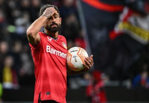 Leverkusen's German midfielder Kerem Demirbay reacts after the UEFA Europa League Group Quarter final First Leg football match between Bayer Leverkusen and Union St-Gilloise in Leverkusen, on April 13, 2023. (Photo by INA FASSBENDER / AFP) (Photo by INA FASSBENDER/AFP via Getty Images)