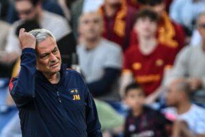 AS Roma's Portuguese coach Jose Mourinho reacts during the Italian Serie A football match between AS Rome and Inter Milan on May 6, 2023 at the Olympic stadium in Rome. (Photo by Vincenzo PINTO / AFP) (Photo by VINCENZO PINTO/AFP via Getty Images)
