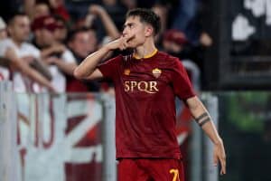 ROME, ITALY - JUNE 04: Paulo Dybala of AS Roma celebrates after scoring their sides second goal from the penalty spot during the Serie A match between AS Roma and Spezia Calcio at Stadio Olimpico on June 04, 2023 in Rome, Italy. (Photo by Paolo Bruno/Getty Images)