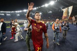 ROME, ITALY - JUNE 04: Paulo Dybala of AS Roma acknowledges fans following their sides victory after the Serie A match between AS Roma and Spezia Calcio at Stadio Olimpico on June 04, 2023 in Rome, Italy. (Photo by Paolo Bruno/Getty Images)