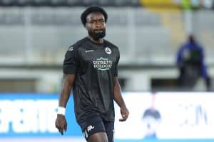 LA SPEZIA, ITALY - AUGUST 27: M'bala Nzola of Spezia Calcio looks on during the Serie A match between Spezia Calcio and US Sassuolo at Stadio Alberto Picco on August 27, 2022 in La Spezia, Italy. (Photo by Gabriele Maltinti/Getty Images)