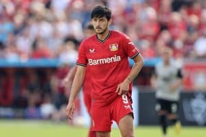 LEVERKUSEN, GERMANY - AUGUST 13: Sardar Azmoun of Leverkusen .l during the Bundesliga match between Bayer 04 Leverkusen and FC Augsburg at BayArena on August 13, 2022 in Leverkusen, Germany. (Photo by Christof Koepsel/Getty Images)
