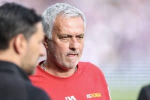 AS Roma's Portuguese coach Jose Mourinho looks on during a friendly football match between Toulouse (TFC) and AS Roma (ASR) at the Stadium TFC in Toulouse, southwestern France, on August 6, 2023. (Photo by Charly TRIBALLEAU / AFP) (Photo by CHARLY TRIBALLEAU/AFP via Getty Images)