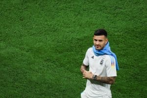Argentina's midfielder #05 Leandro Paredes walks on the pitch before the start of the Qatar 2022 World Cup final football match between Argentina and France at Lusail Stadium in Lusail, north of Doha on December 18, 2022. (Photo by JACK GUEZ / AFP) (Photo by JACK GUEZ/AFP via Getty Images)