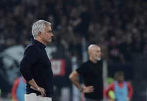Roma's Portuguese coach Jose Mourinho looks on from the sidelines during the Italian Serie A football match between AS Roma and AC Milan at the Olympic stadium in Rome on September 1, 2023. (Photo by Filippo MONTEFORTE / AFP) (Photo by FILIPPO MONTEFORTE/AFP via Getty Images)