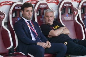 TURIN, ITALY - MAY 20: AS Roma coach Josè Mourinho and Tiago Pinto prior the Serie A match between Torino FC and AS Roma at Stadio Olimpico di Torino on May 20, 2022 in Turin, Italy. (Photo by Fabio Rossi/AS Roma via Getty Images)