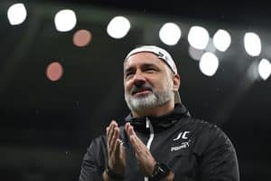 SK Slavia Praha's Czech head coach Jindrich Trpisovsky applauds at the end of the Europa League Group G football match between Servette FC and SK Slavia Prague at Stade de Geneve Stadium in Geneva, on September 21, 2023. (Photo by Fabrice COFFRINI / AFP) (Photo by FABRICE COFFRINI/AFP via Getty Images)