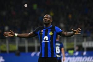 Inter Milan's French forward #09 Marcus Thuram celebrates after scoring during the Italian Serie A football match between Inter Milan and AS Roma at San Siro Stadium, in Milan on October 29, 2023. (Photo by Isabella BONOTTO / AFP) (Photo by ISABELLA BONOTTO/AFP via Getty Images)