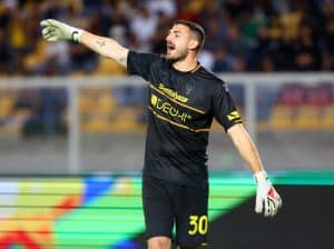 LECCE, ITALY - OCTOBER 28: Wladimiro Falcone of Lecce gestures during the Serie A TIM match between US Lecce and Torino FC at Stadio Via del Mare on October 28, 2023 in Lecce, Italy. (Photo by Maurizio Lagana/Getty Images)