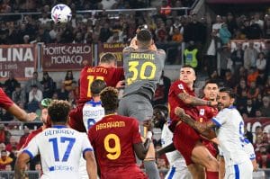Lecce's Italian goalkeeper Wladimiro Falcone punches out the ball during the Italian Serie A football match between AS Roma and Lecce at the Olympic stadium in Rome on October 9, 2022. (Photo by Vincenzo PINTO / AFP) (Photo by VINCENZO PINTO/AFP via Getty Images)