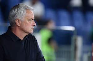 Roma's Portuguese coach Jose Mourinho looks on prior to the Italian Serie A football match between AS Roma and AC Milan at the Olympic stadium in Rome on September 1, 2023. (Photo by Filippo MONTEFORTE / AFP) (Photo by FILIPPO MONTEFORTE/AFP via Getty Images)