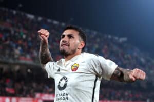 MONZA, ITALY - MARCH 02: Leandro Paredes of AS Roma celebrates scoring his team's fourth goal during the Serie A TIM match between AC Monza and AS Roma - Serie A TIM at the U-Power Stadium on March 02, 2024 in Monza, Italy. (Photo by Emilio Andreoli/Getty Images)
